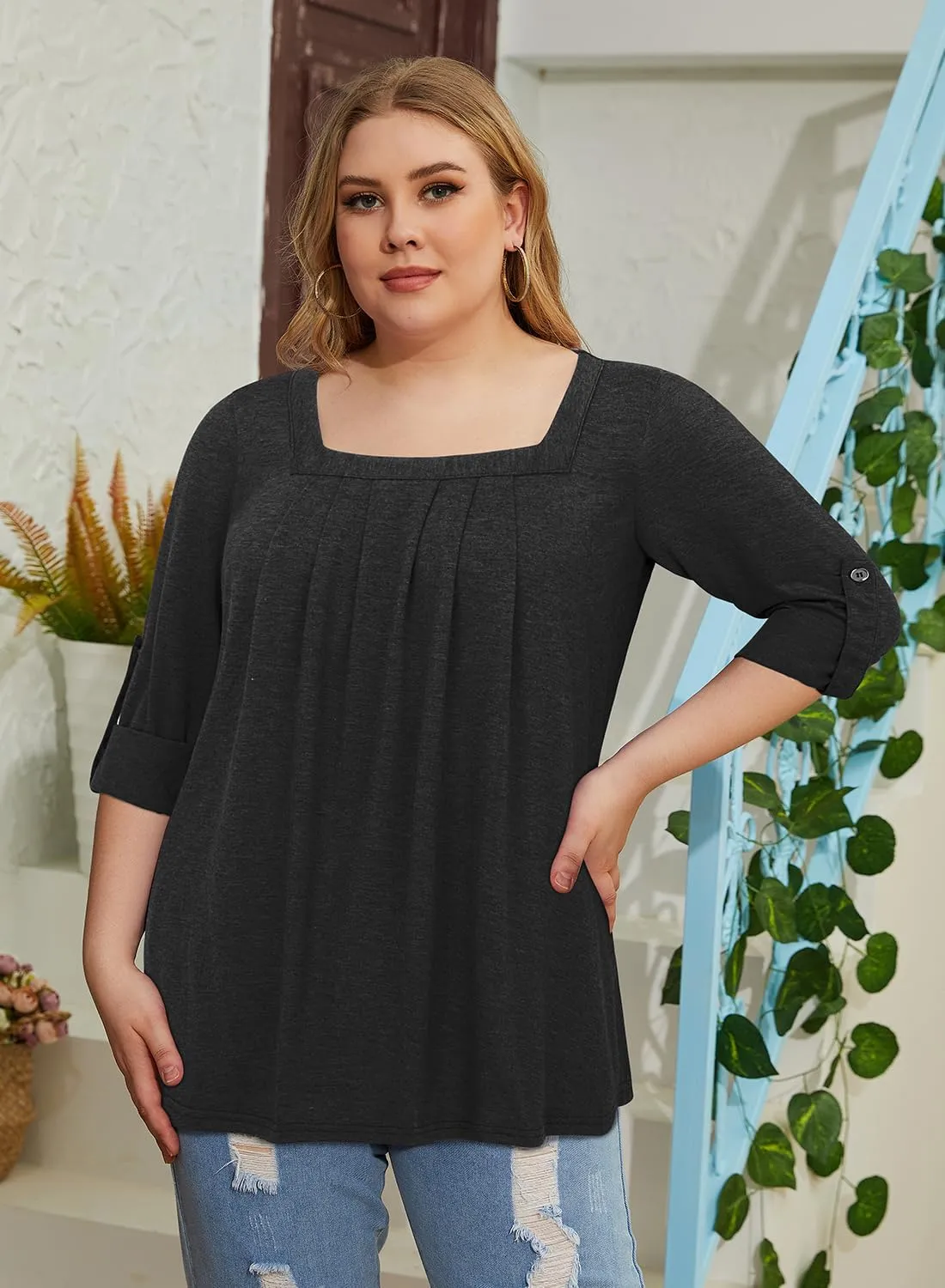 Siddhe Women Short Sleeve Plus Size Tunics, Square Neck Tops Casual Loose Fit T Shirt Blouse Summer 2025