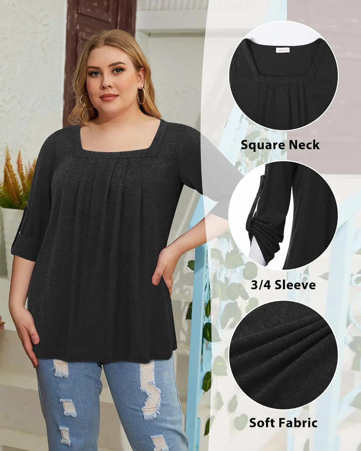 Siddhe Women Short Sleeve Plus Size Tunics, Square Neck Tops Casual Loose Fit T Shirt Blouse Summer 2025