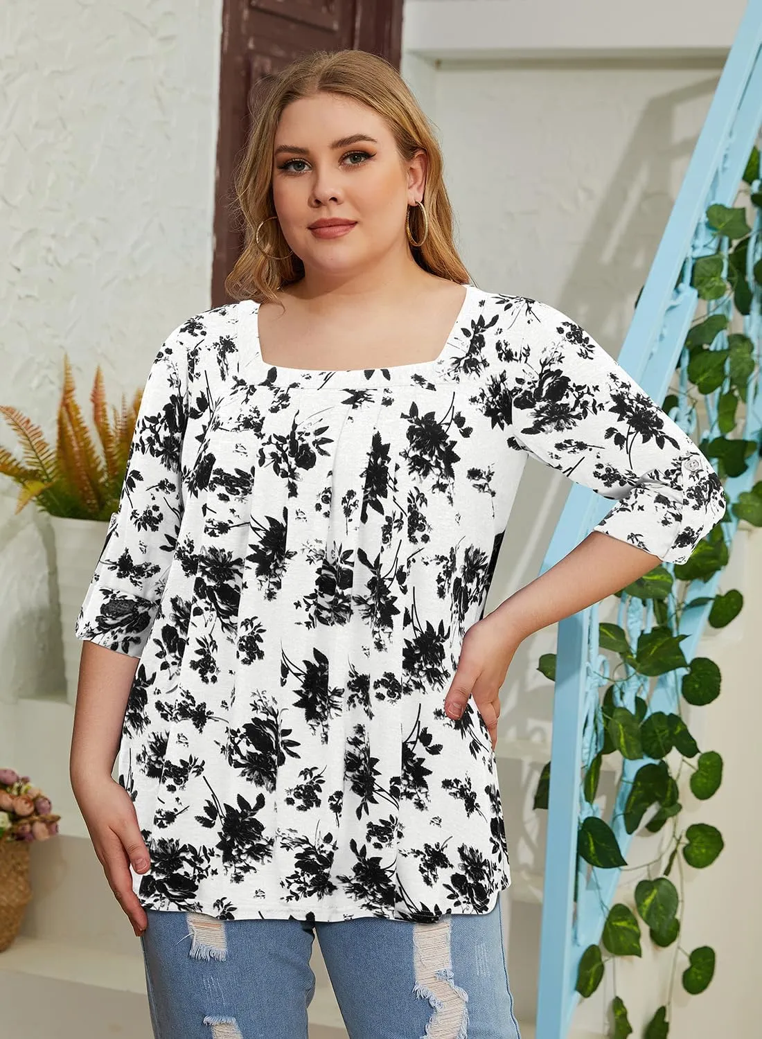 Siddhe Women Short Sleeve Plus Size Tunics, Square Neck Tops Casual Loose Fit T Shirt Blouse Summer 2025
