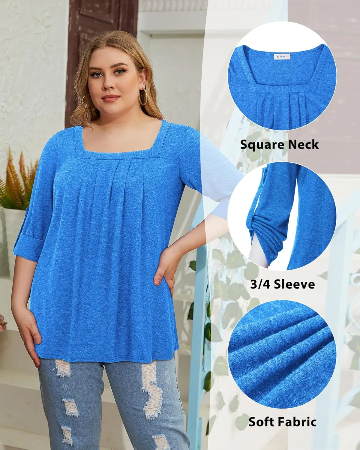 Siddhe Women Short Sleeve Plus Size Tunics, Square Neck Tops Casual Loose Fit T Shirt Blouse Summer 2025