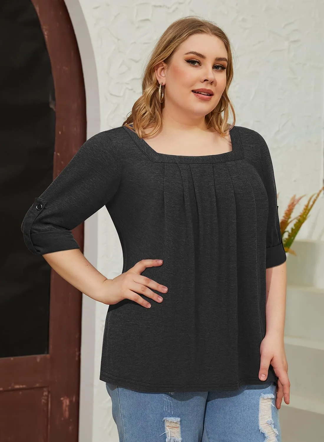 Siddhe Women Short Sleeve Plus Size Tunics, Square Neck Tops Casual Loose Fit T Shirt Blouse Summer 2025