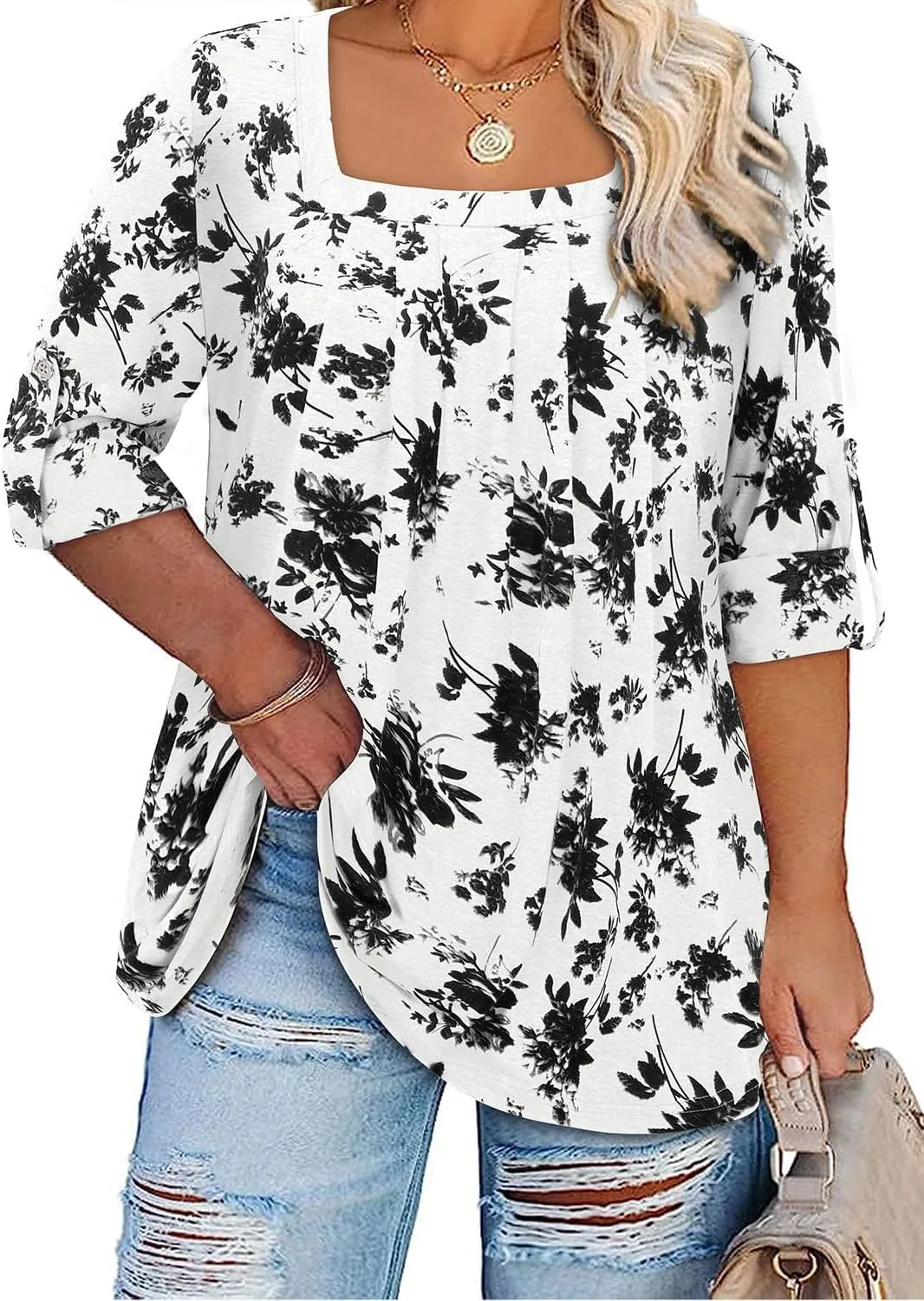 Siddhe Women Short Sleeve Plus Size Tunics, Square Neck Tops Casual Loose Fit T Shirt Blouse Summer 2025
