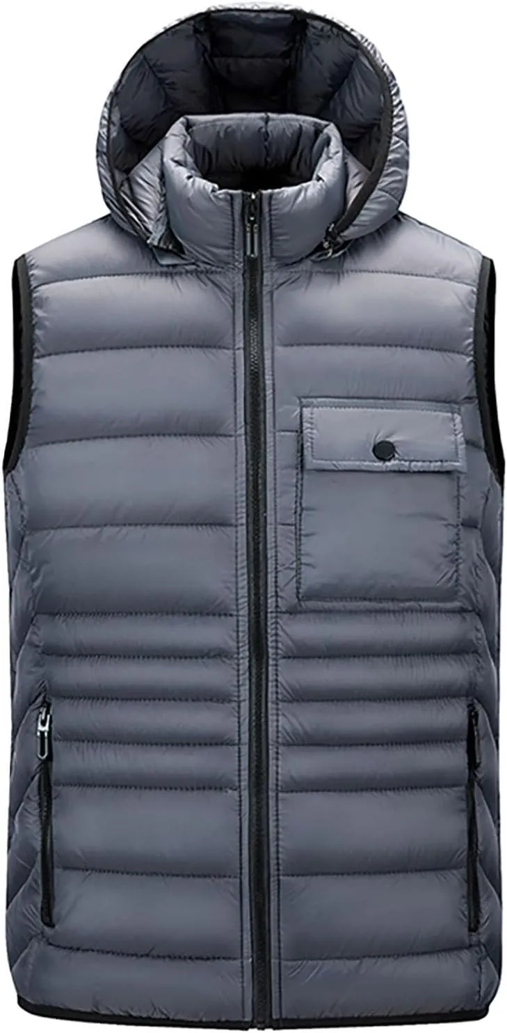 Sinzelimin Men's Hooded Waistcoat Sleeveless Cotton Padded Jackets Fashion Zipper Snow Coat Vest Overcoat Outwear with Pocket