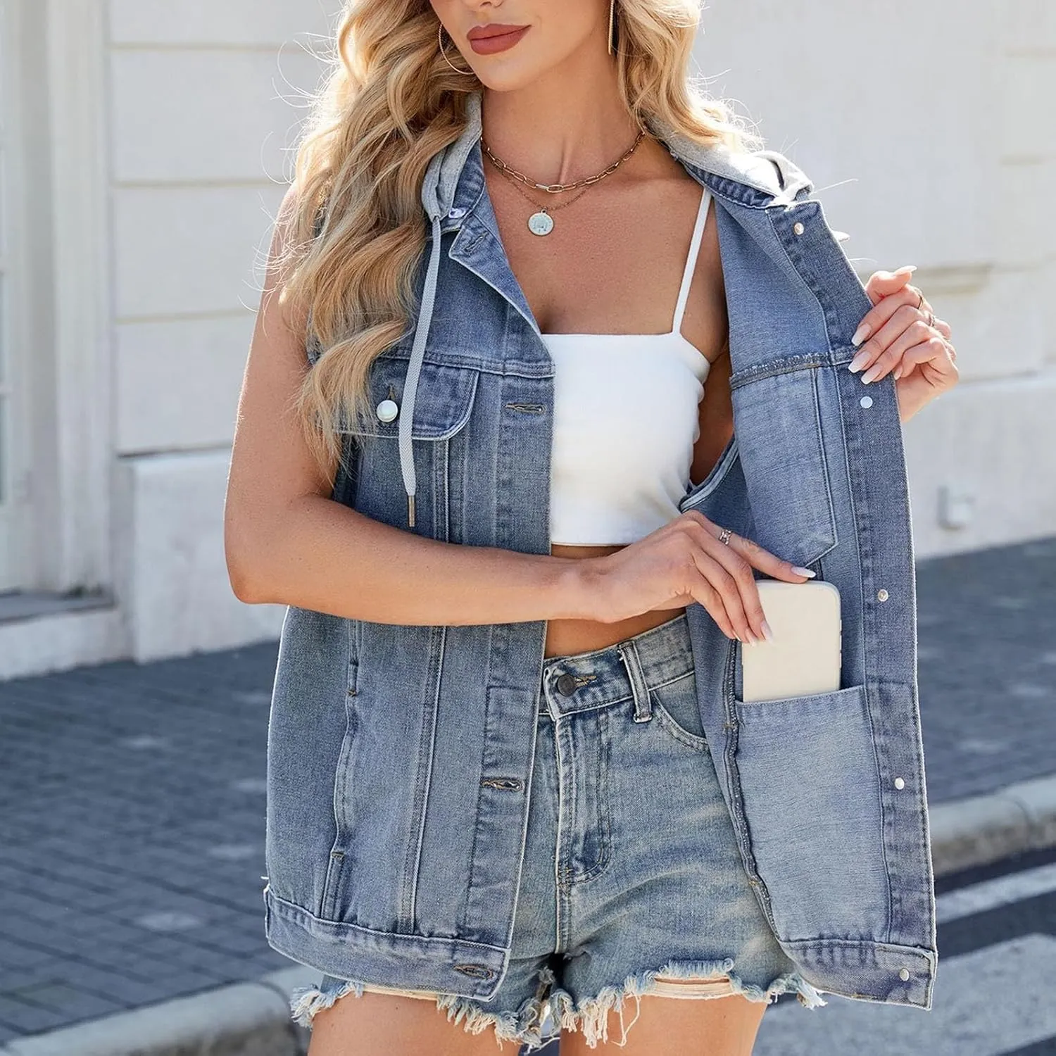 Sleeveless Denim Tank Tops for Women Lapel V-Neck T Shirts Loose Fit Basic Blouses Summer Vest 2025 Casual Camisole