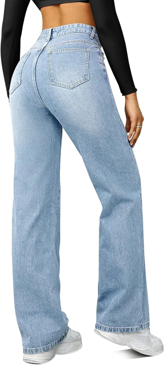 Straight Leg Jeans for Women,High Waisted Wide Leg Loose Microelastic Boyfried Denim Pants