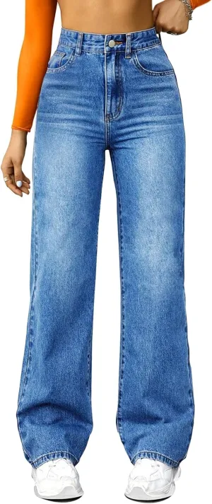 Straight Leg Jeans for Women,High Waisted Wide Leg Loose Microelastic Boyfriend Denim Pants Blue