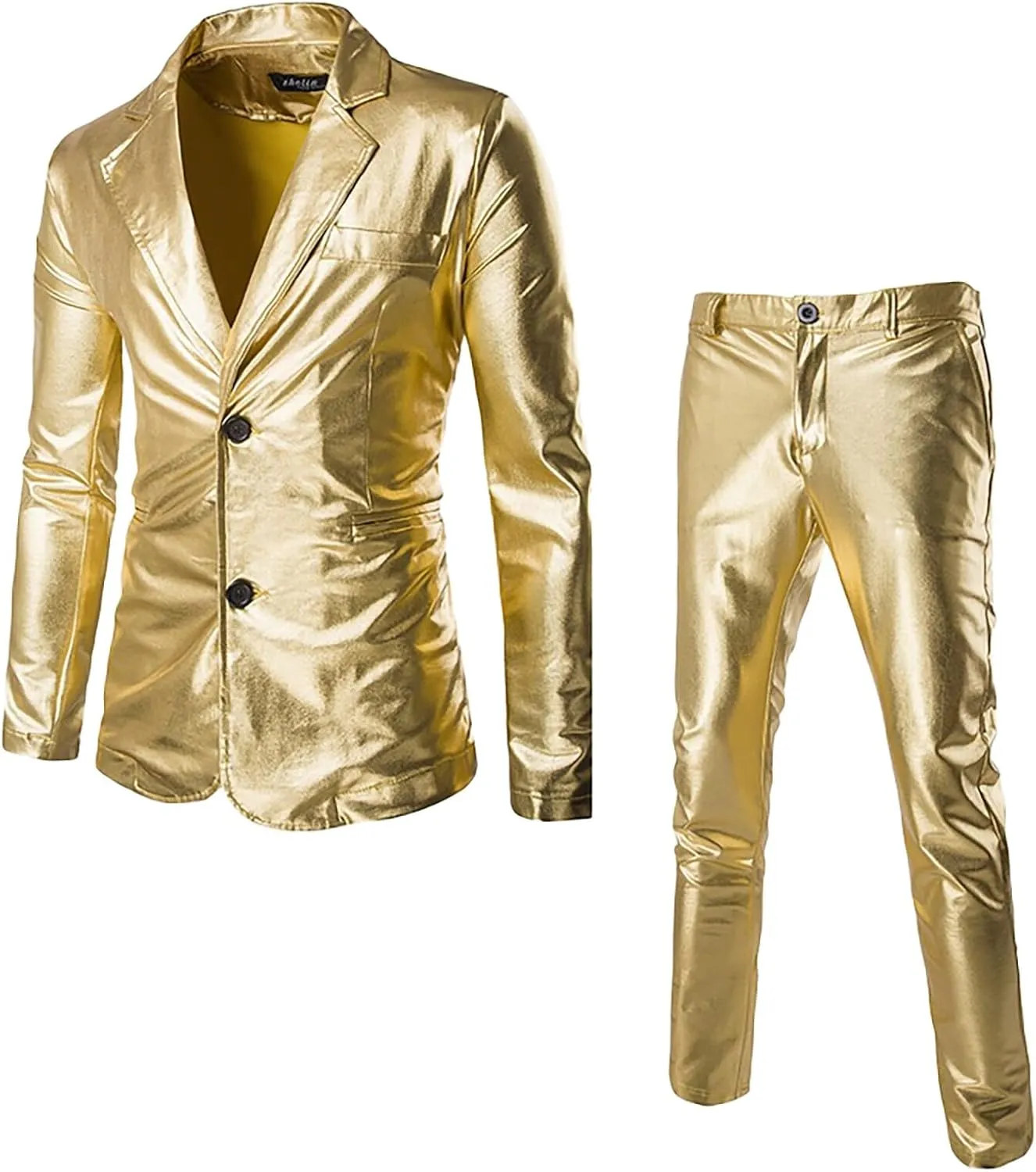 Suit for Men Faux Leather Single Breasted 2 Piece Tuxedo Set PU Leather Regular Fit Peak Lapel Jacket and Pants Set