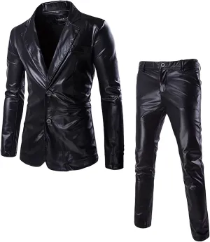 Suit for Men Faux Leather Single Breasted 2 Piece Tuxedo Set PU Leather Regular Fit Peak Lapel Jacket and Pants Set