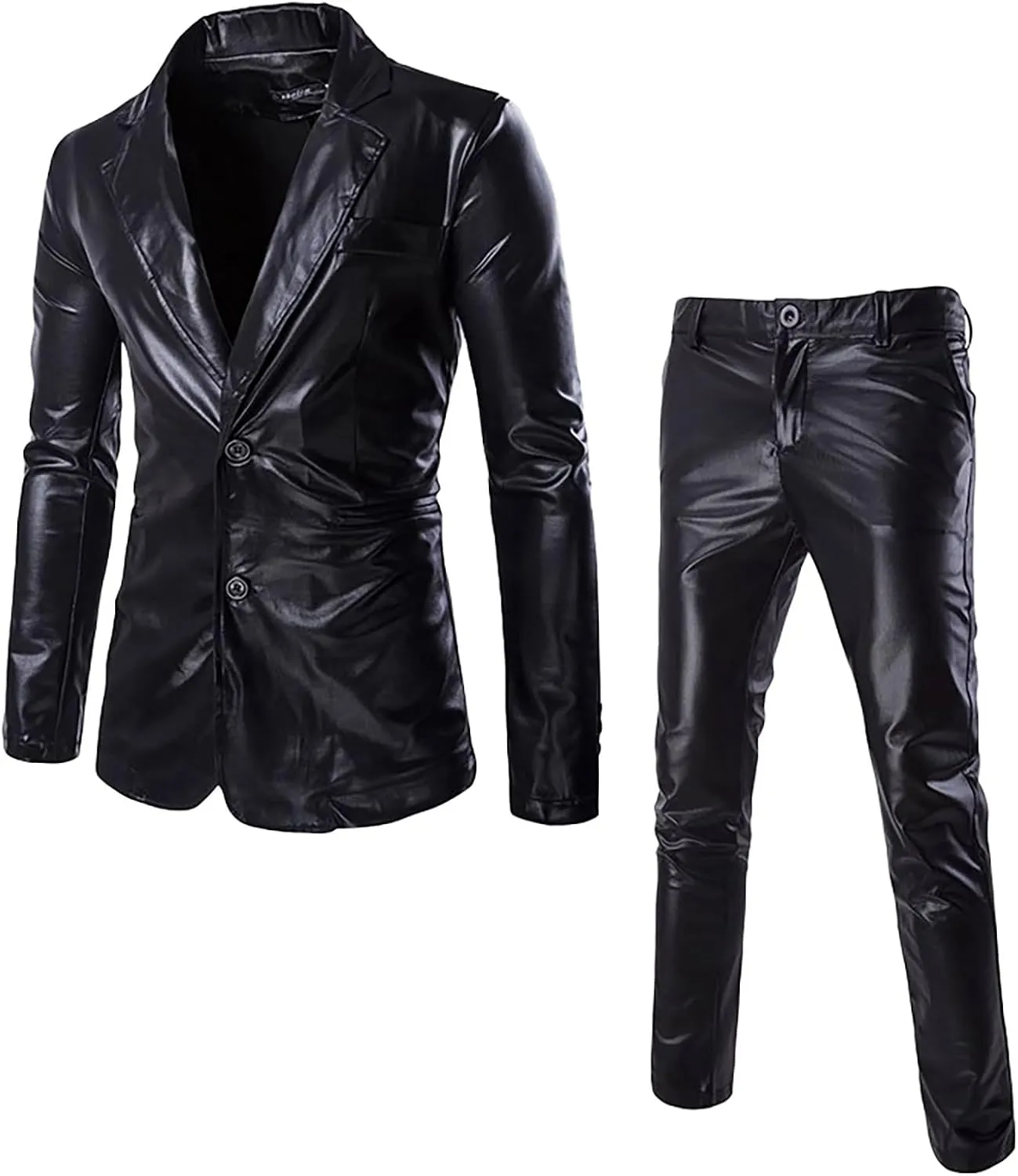 Suit for Men Faux Leather Single Breasted 2 Piece Tuxedo Set PU Leather Regular Fit Peak Lapel Jacket and Pants Set