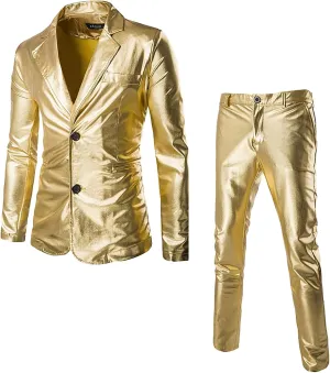 Suit for Men Faux Leather Single Breasted 2 Piece Tuxedo Set PU Leather Regular Fit Peak Lapel Jacket and Pants Set