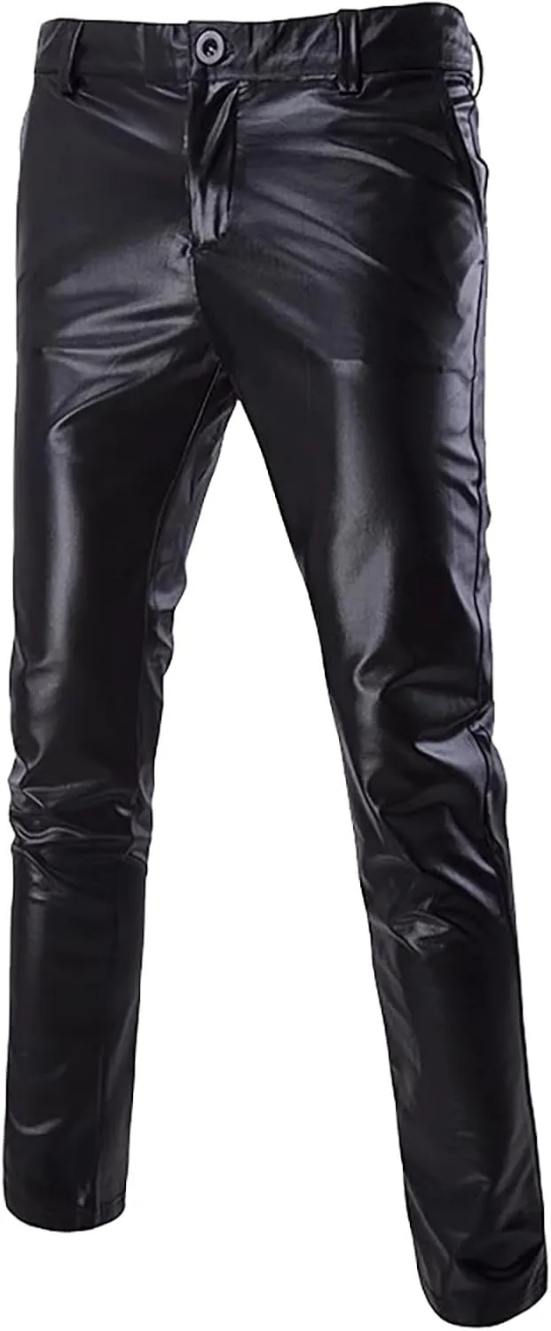 Suit for Men Faux Leather Single Breasted 2 Piece Tuxedo Set PU Leather Regular Fit Peak Lapel Jacket and Pants Set