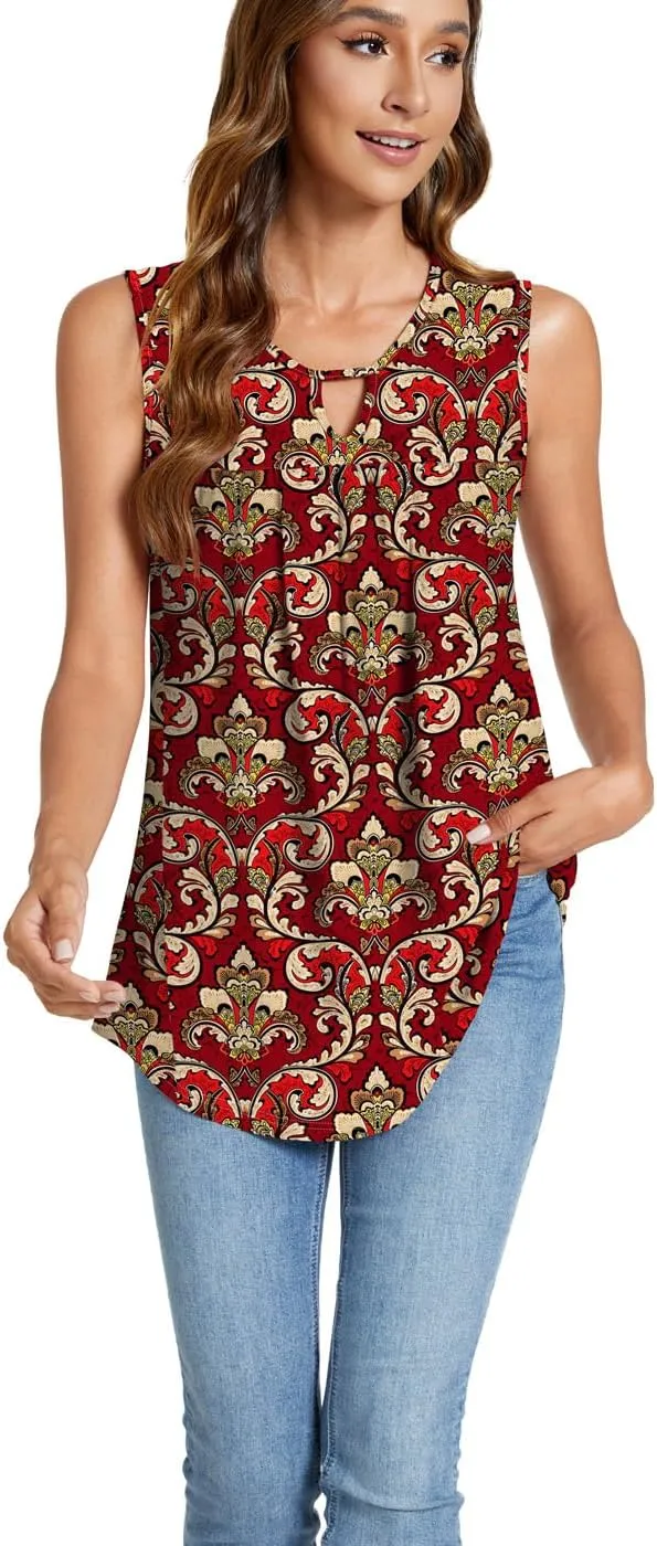 SUNNEGOO Womens Summer Tank Tops Sleeveless Cute Loose Fit Dressy Casual Flowy Blouses Printed Pleated Shirt Trendy Tunic