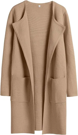 Sweaters for Women Open Front Knit Cardigan Casual Long Sleeve Lapel Sweater Long Trench Coat with Pockets
