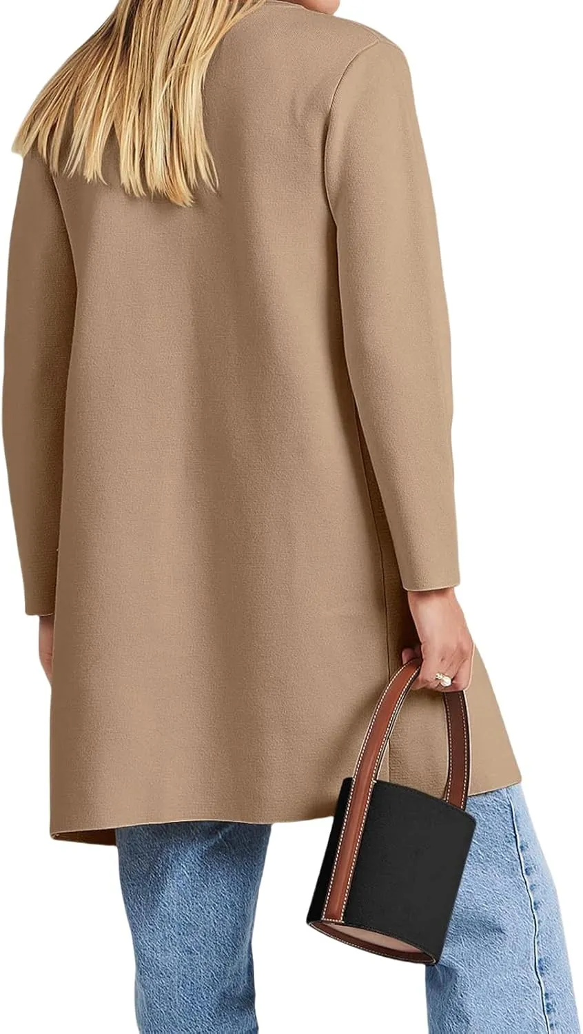 Sweaters for Women Open Front Knit Cardigan Casual Long Sleeve Lapel Sweater Long Trench Coat with Pockets