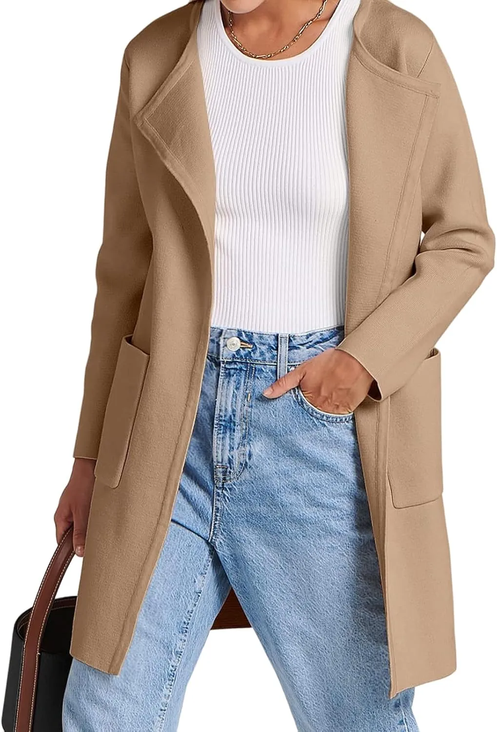 Sweaters for Women Open Front Knit Cardigan Casual Long Sleeve Lapel Sweater Long Trench Coat with Pockets