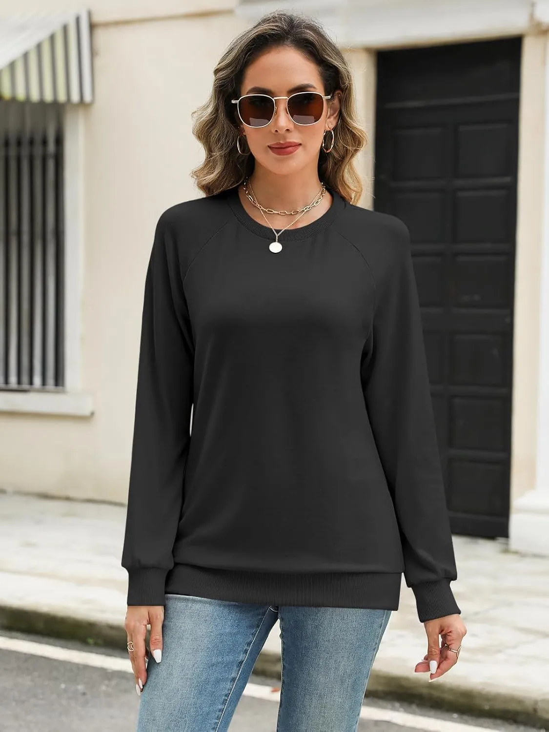 Syellowafter Womens Long Sleeve Shirts Crewneck Fall Tops Casual Loose Fit Basic Pullover Top