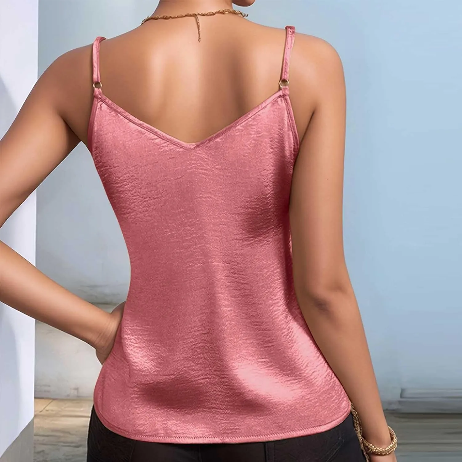 TANGNADE Metallic Tank Top for Women V Neck Camisole Sleeveless Tank Cami Shirt Summer Vacation Travel Beach Outfits