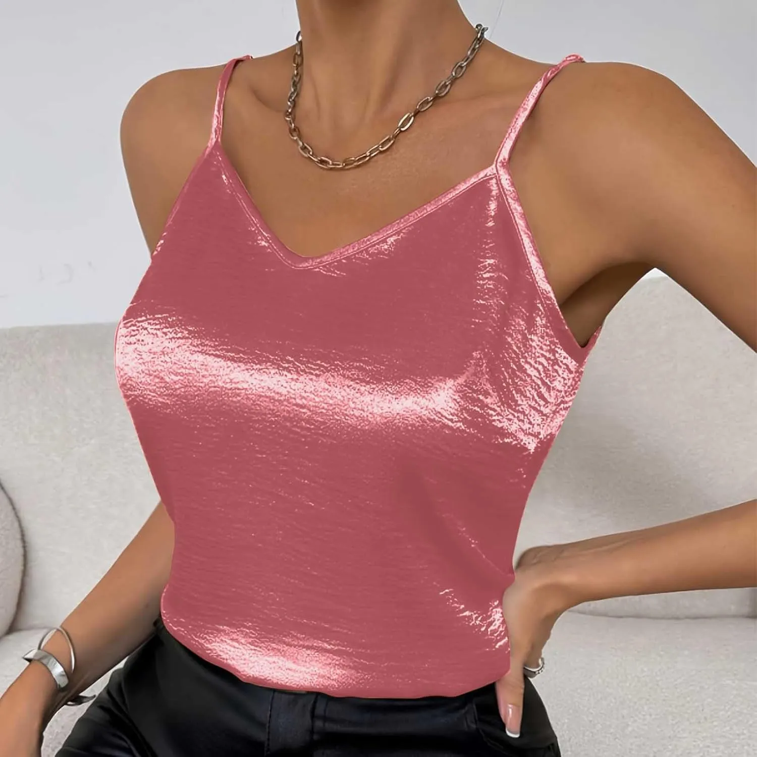 TANGNADE Metallic Tank Top for Women V Neck Camisole Sleeveless Tank Cami Shirt Summer Vacation Travel Beach Outfits