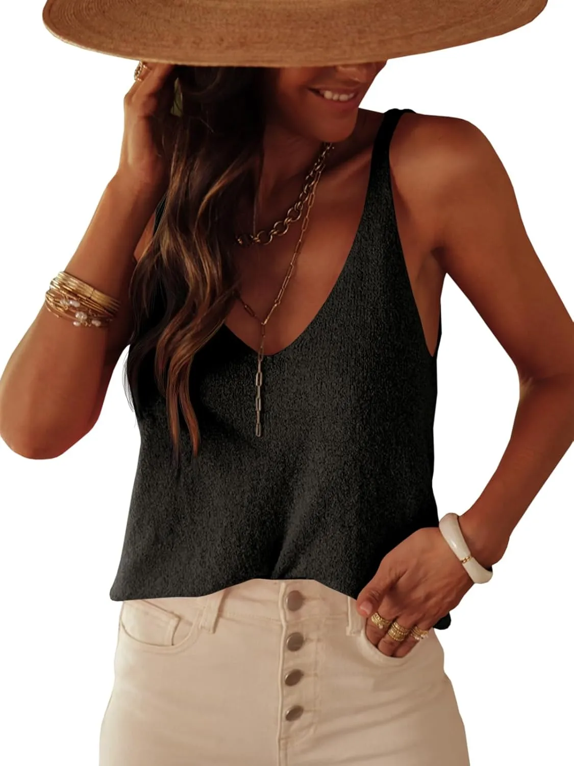 Tankaneo Womens Knit Sweater Tank Tops Casual Summer V Neck Loose Fit Sleeveless Camisole Shirts
