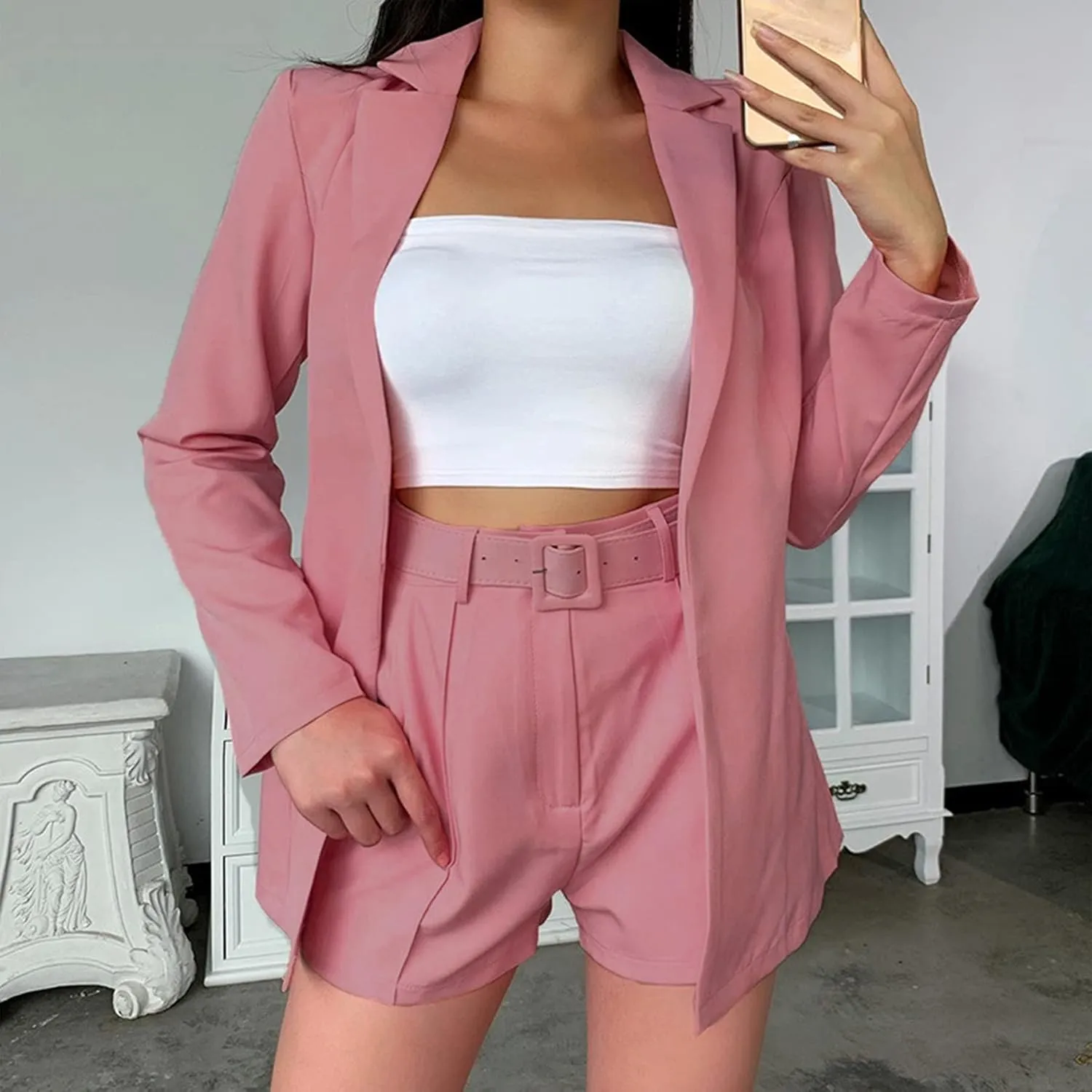 Tcremisa Blazer Shorts Set for Women 2 Piece Long Sleeve Open Front Blazers Short Suits Business Outfits with Belt