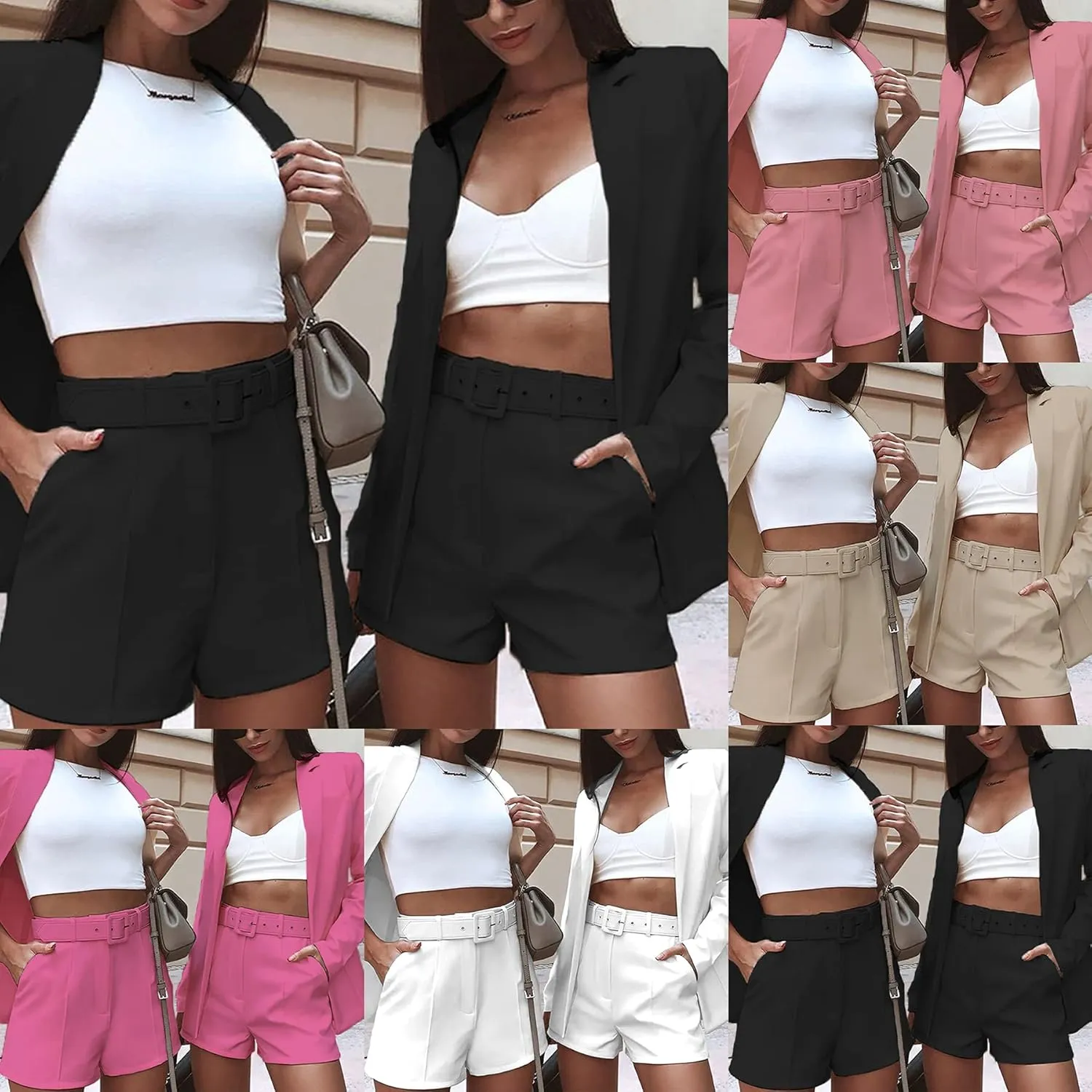 Tcremisa Blazer Shorts Set for Women 2 Piece Long Sleeve Open Front Blazers Short Suits Business Outfits with Belt