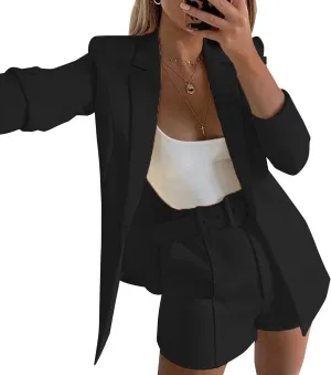 Tcremisa Blazer Shorts Set for Women 2 Piece Long Sleeve Open Front Blazers Short Suits Business Outfits with Belt