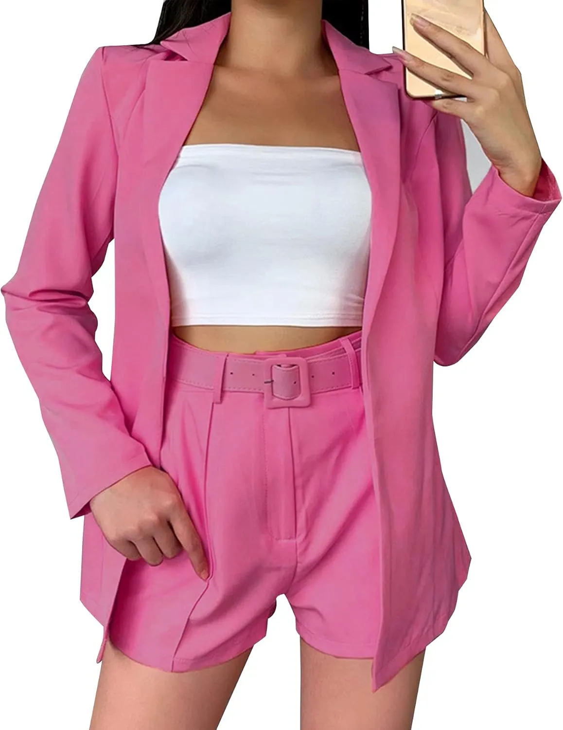Tcremisa Blazer Shorts Set for Women 2 Piece Long Sleeve Open Front Blazers Short Suits Business Outfits with Belt