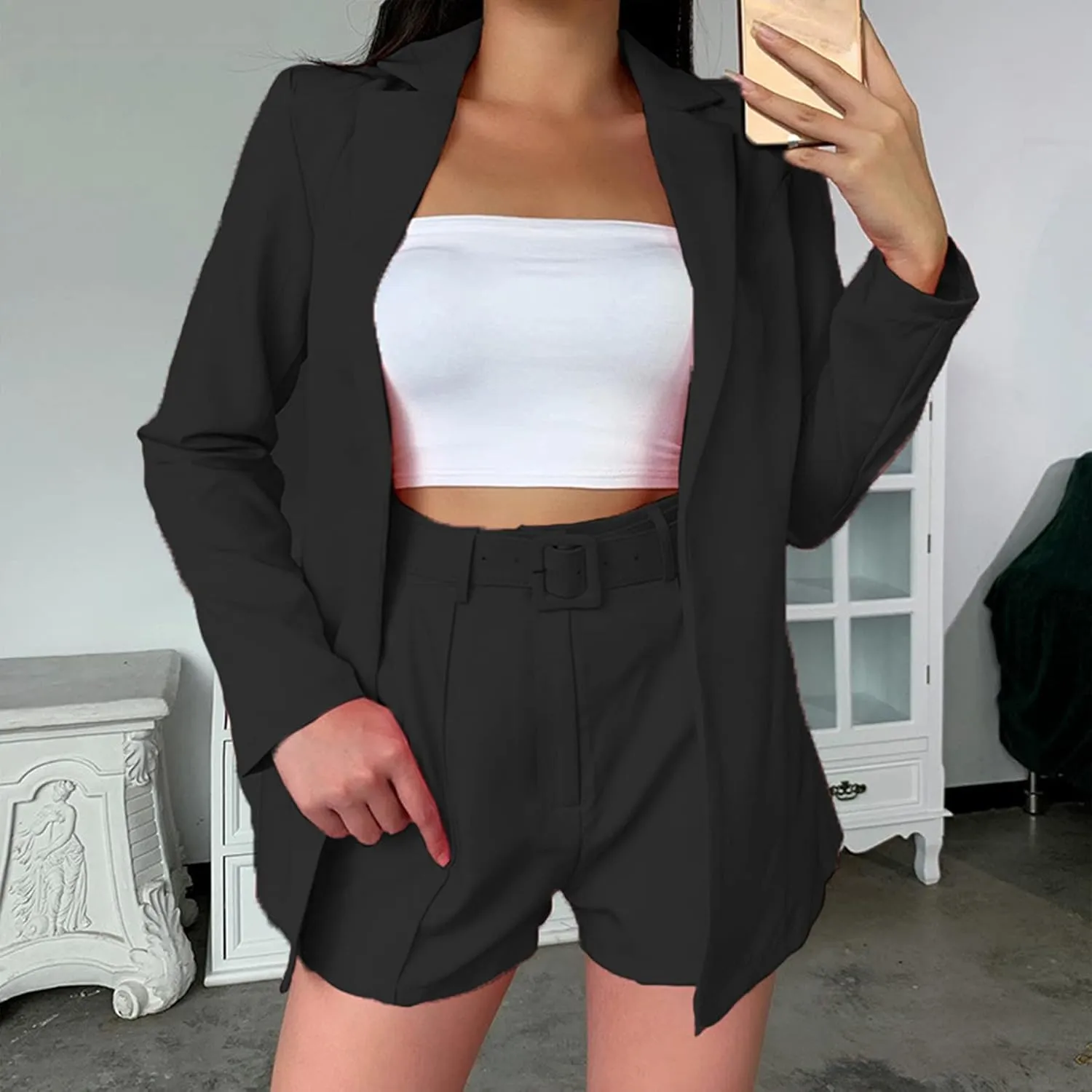 Tcremisa Blazer Shorts Set for Women 2 Piece Long Sleeve Open Front Blazers Short Suits Business Outfits with Belt