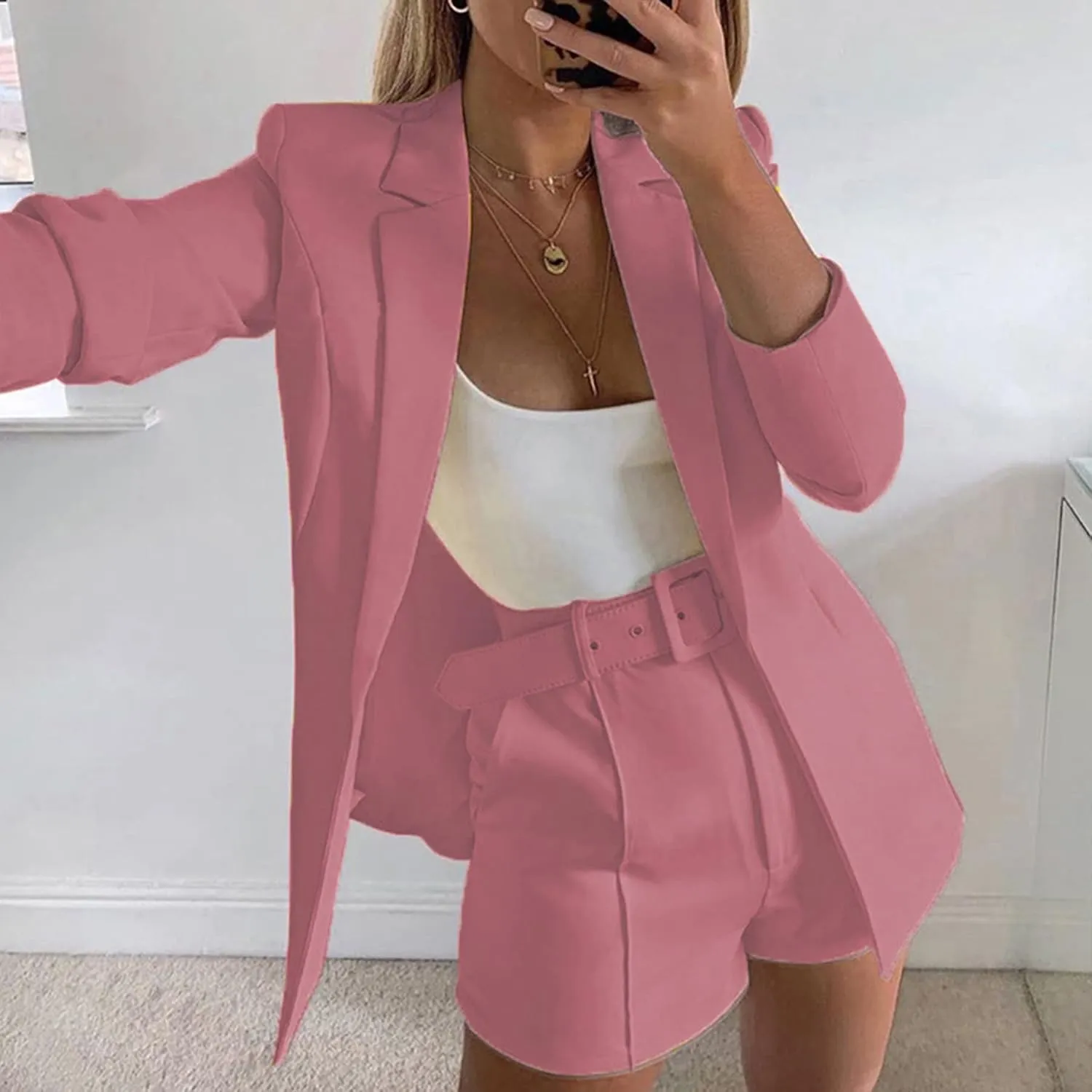 Tcremisa Blazer Shorts Set for Women 2 Piece Long Sleeve Open Front Blazers Short Suits Business Outfits with Belt