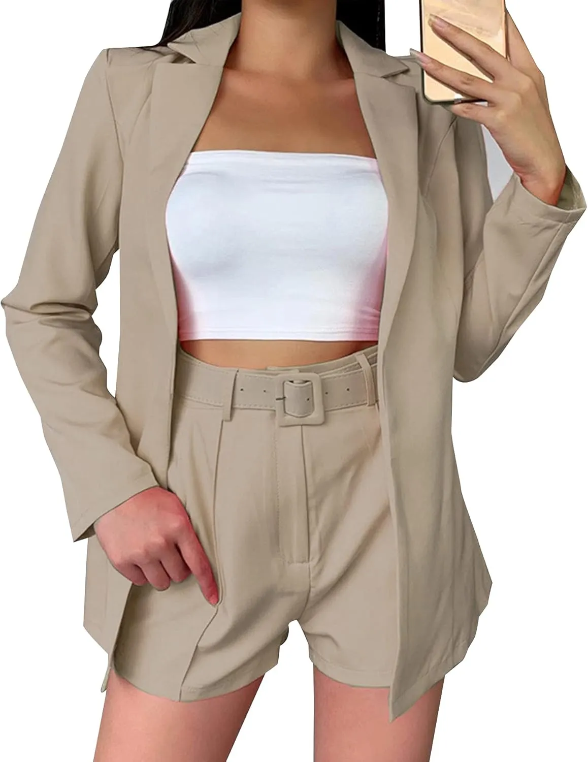 Tcremisa Blazer Shorts Set for Women 2 Piece Long Sleeve Open Front Blazers Short Suits Business Outfits with Belt