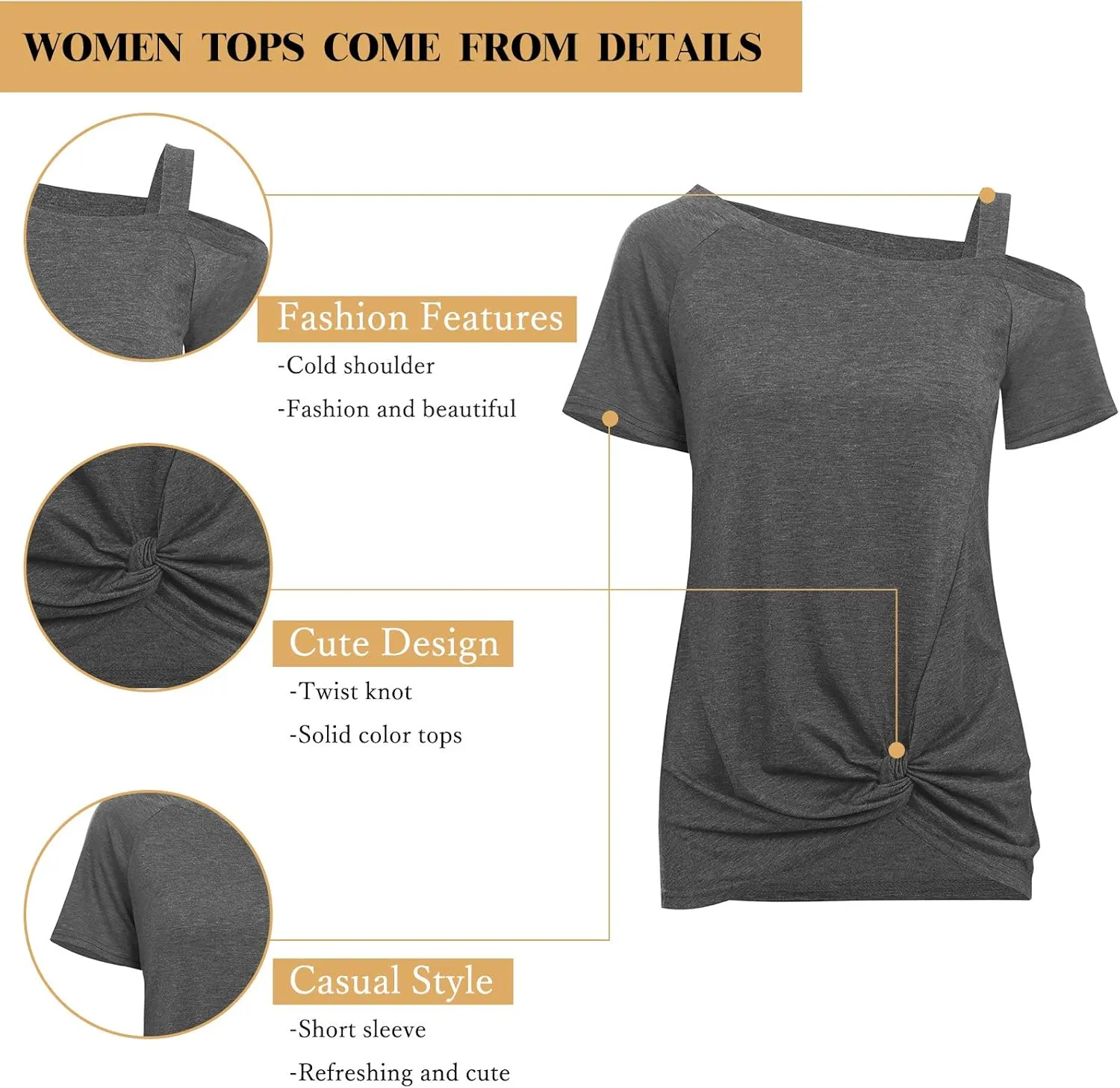 TEMOFON Women Cold Shoulder Tops: Summer Short Sleeve Shirts Casual Twist Knot Blouse T-Shirt S-2XL