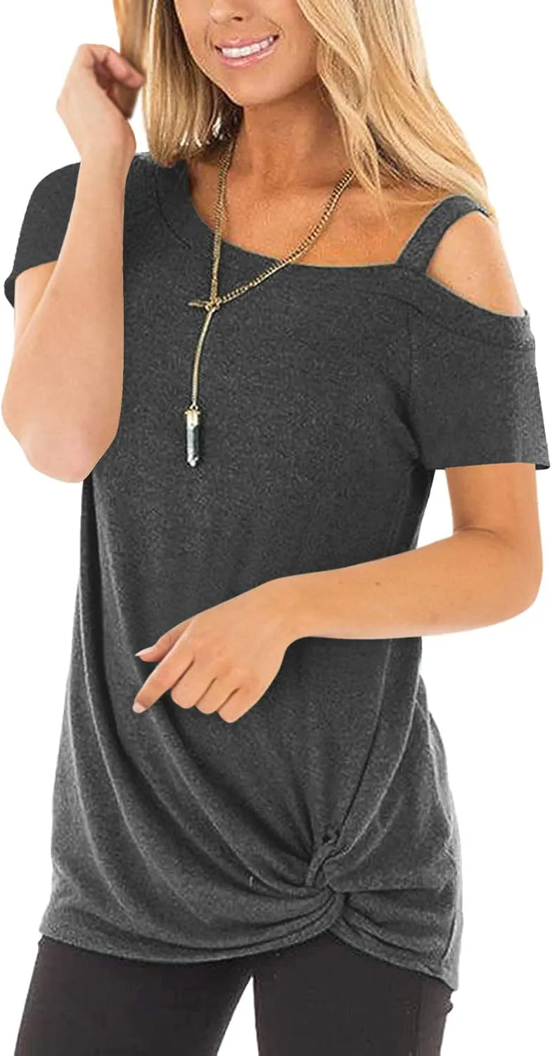 TEMOFON Women Cold Shoulder Tops: Summer Short Sleeve Shirts Casual Twist Knot Blouse T-Shirt S-2XL