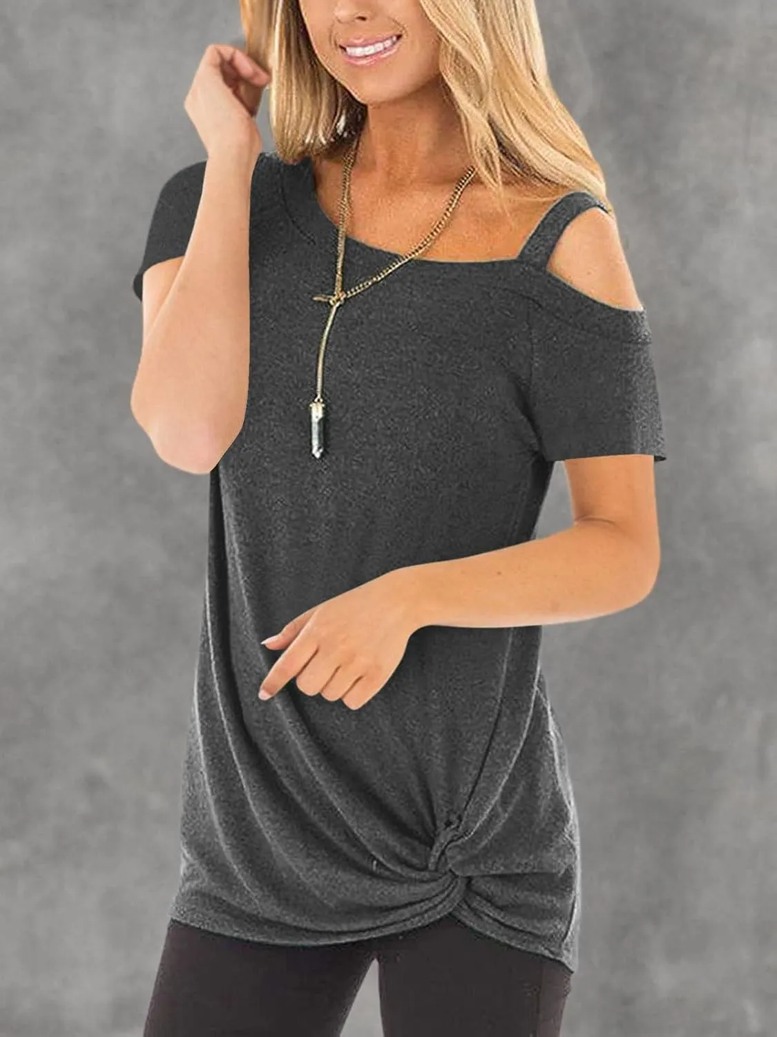 TEMOFON Women Cold Shoulder Tops: Summer Short Sleeve Shirts Casual Twist Knot Blouse T-Shirt S-2XL