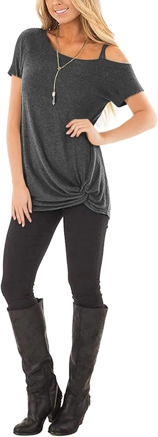 TEMOFON Women Cold Shoulder Tops: Summer Short Sleeve Shirts Casual Twist Knot Blouse T-Shirt S-2XL