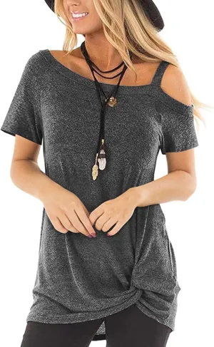 TEMOFON Women Cold Shoulder Tops: Summer Short Sleeve Shirts Casual Twist Knot Blouse T-Shirt S-2XL