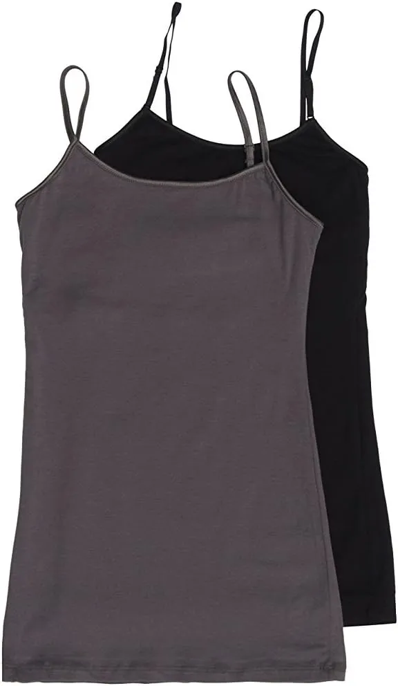 The Lovely Women's & Juniors Camisole Built in Shelf Bra Adjustable Spaghetti Strap Long Tank Top - 2 Pack
