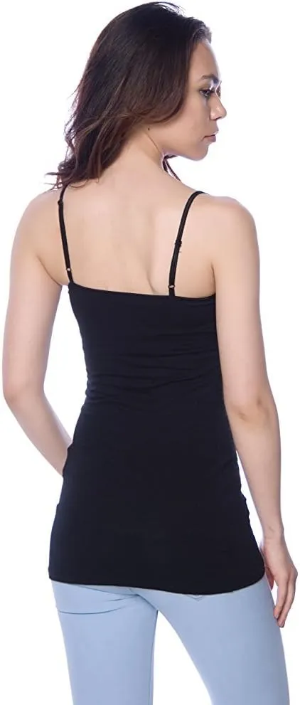 The Lovely Women's & Juniors Camisole Built in Shelf Bra Adjustable Spaghetti Strap Long Tank Top - 2 Pack