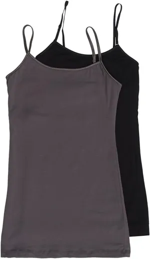The Lovely Women's & Juniors Camisole Built in Shelf Bra Adjustable Spaghetti Strap Long Tank Top - 2 Pack