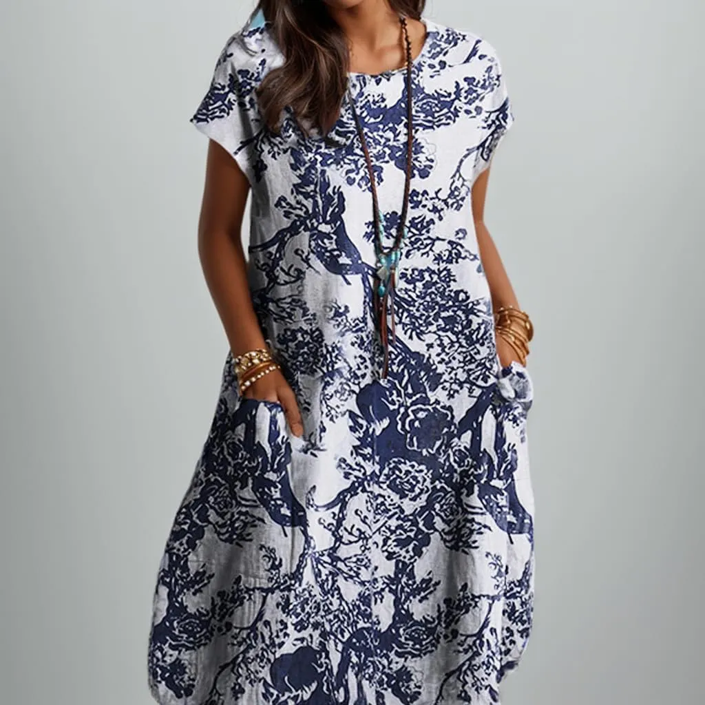 TIAFORD Women Casual Floral Print Short Sleeve Loose Midi Dress Cotton Linen Boho Beach Flowy Tunic Tshirt Dress with Pocket
