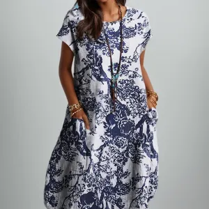 TIAFORD Women Casual Floral Print Short Sleeve Loose Midi Dress Cotton Linen Boho Beach Flowy Tunic Tshirt Dress with Pocket
