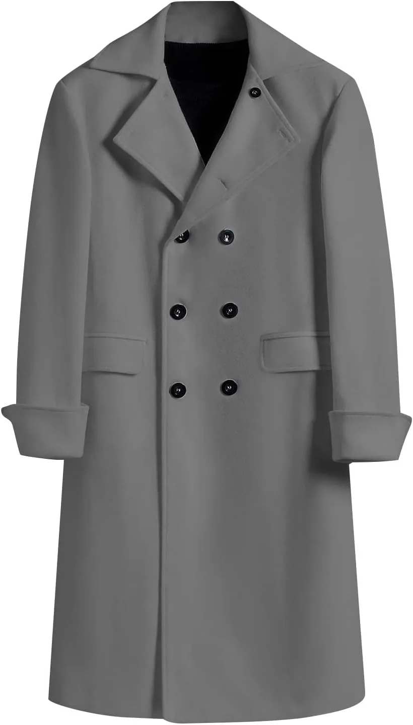 Trench Coat for Mens Casual Double Single Breasted Slim Jacket Overcoat Vintage Wool Blend Formal Pea Coats