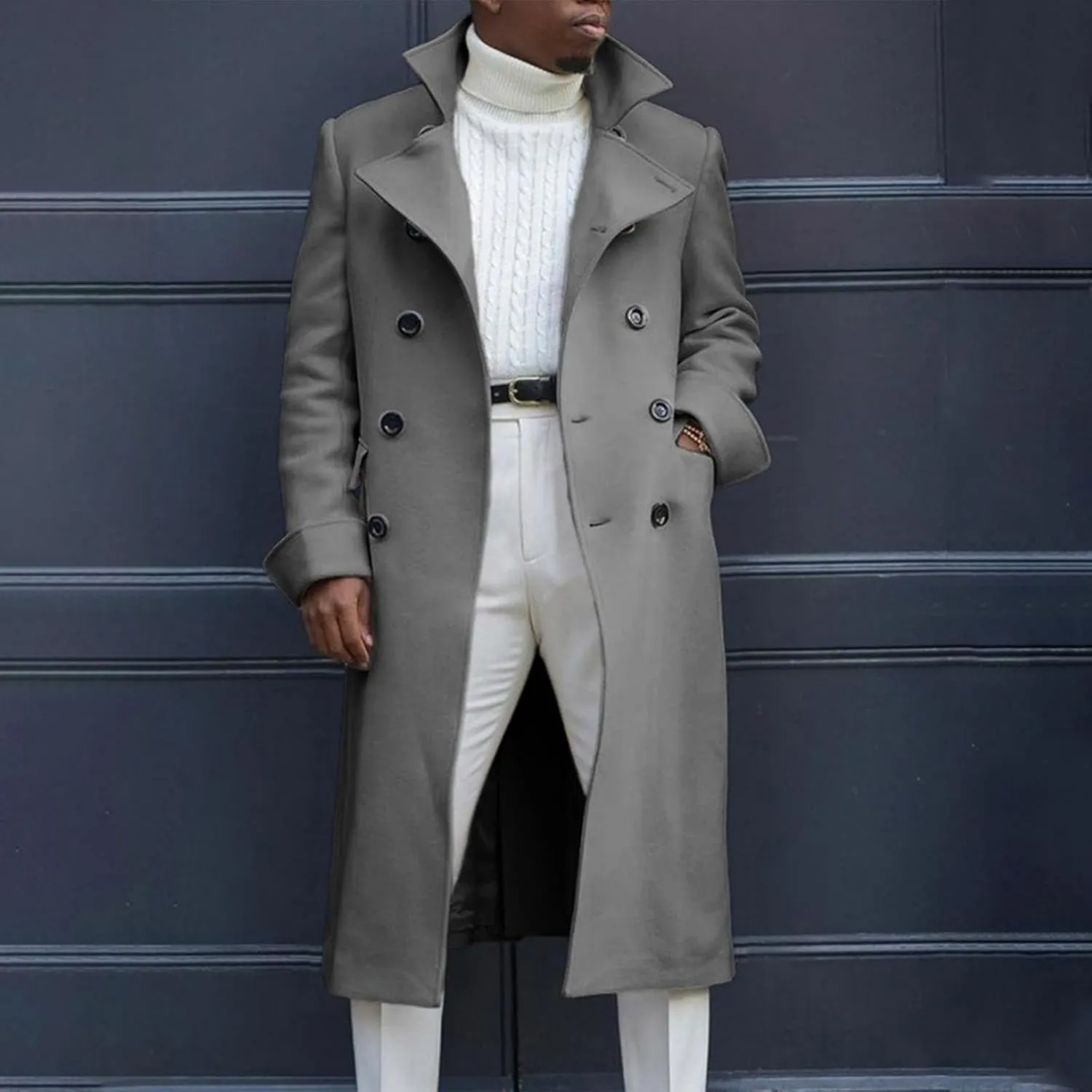 Trench Coat for Mens Casual Double Single Breasted Slim Jacket Overcoat Vintage Wool Blend Formal Pea Coats