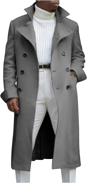 Trench Coat for Mens Casual Double Single Breasted Slim Jacket Overcoat Vintage Wool Blend Formal Pea Coats