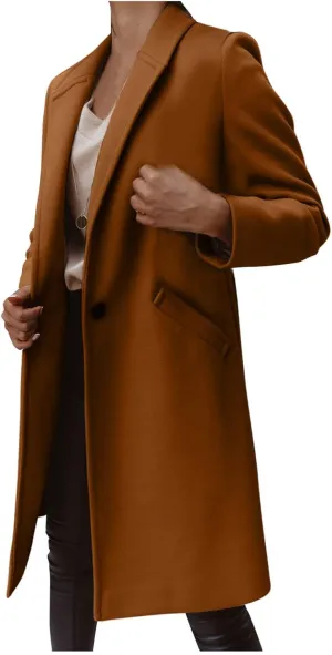 Trench Coat for Women 2024 Single Breasted Wool Pea Coats Causal Notch Lapel Windproof Long Overcoat Outwear