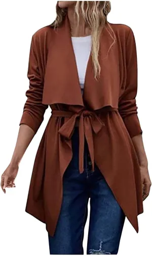 Trench Coat for Women Lightweight V Neck Fall Outfit Long Sleeve Belted Casual Pea Coat Office Work Jackets