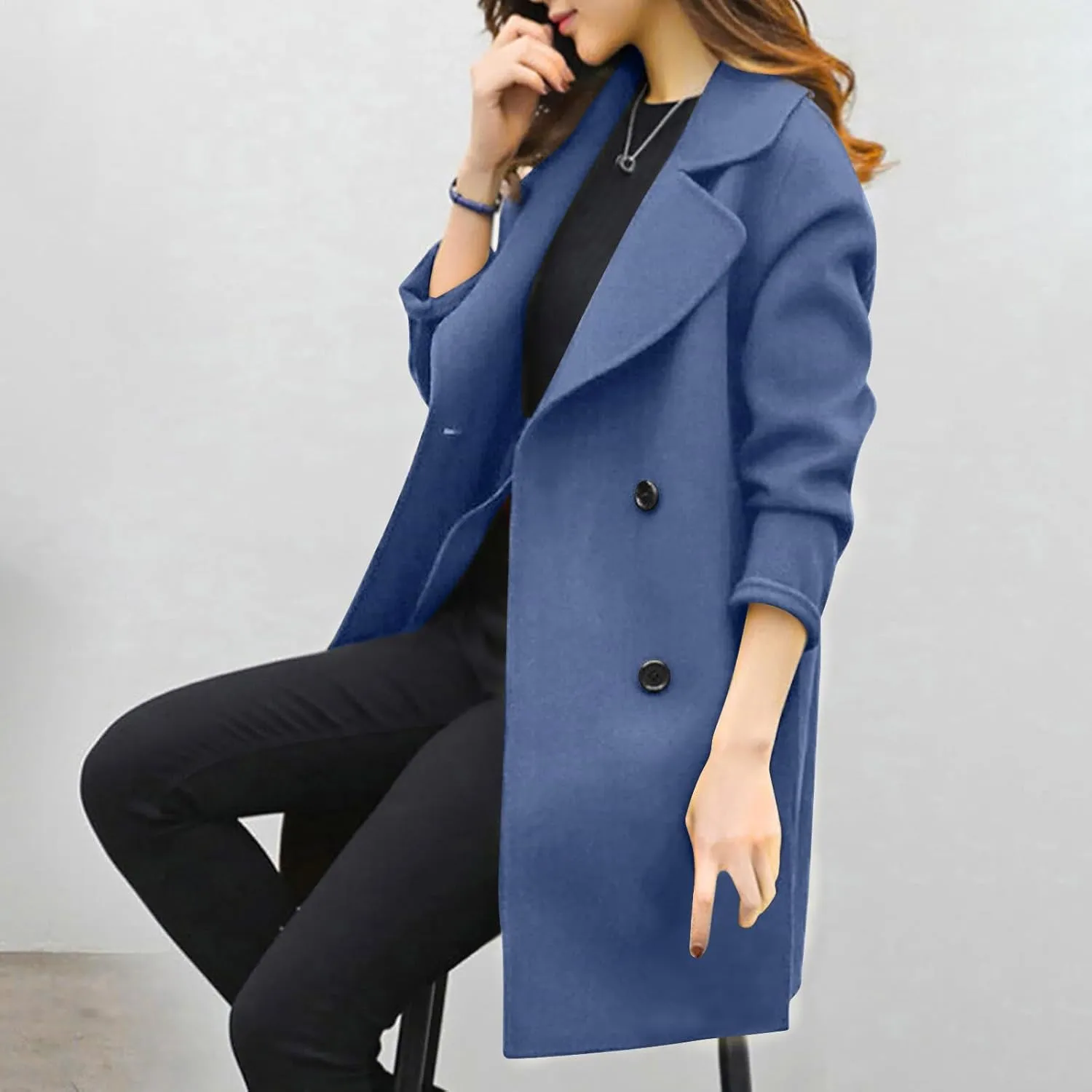 Trench Coat for Women Winter Wool Blend Pea Coats Mid Length Notched Collar Double Breasted Overcoat Jackets