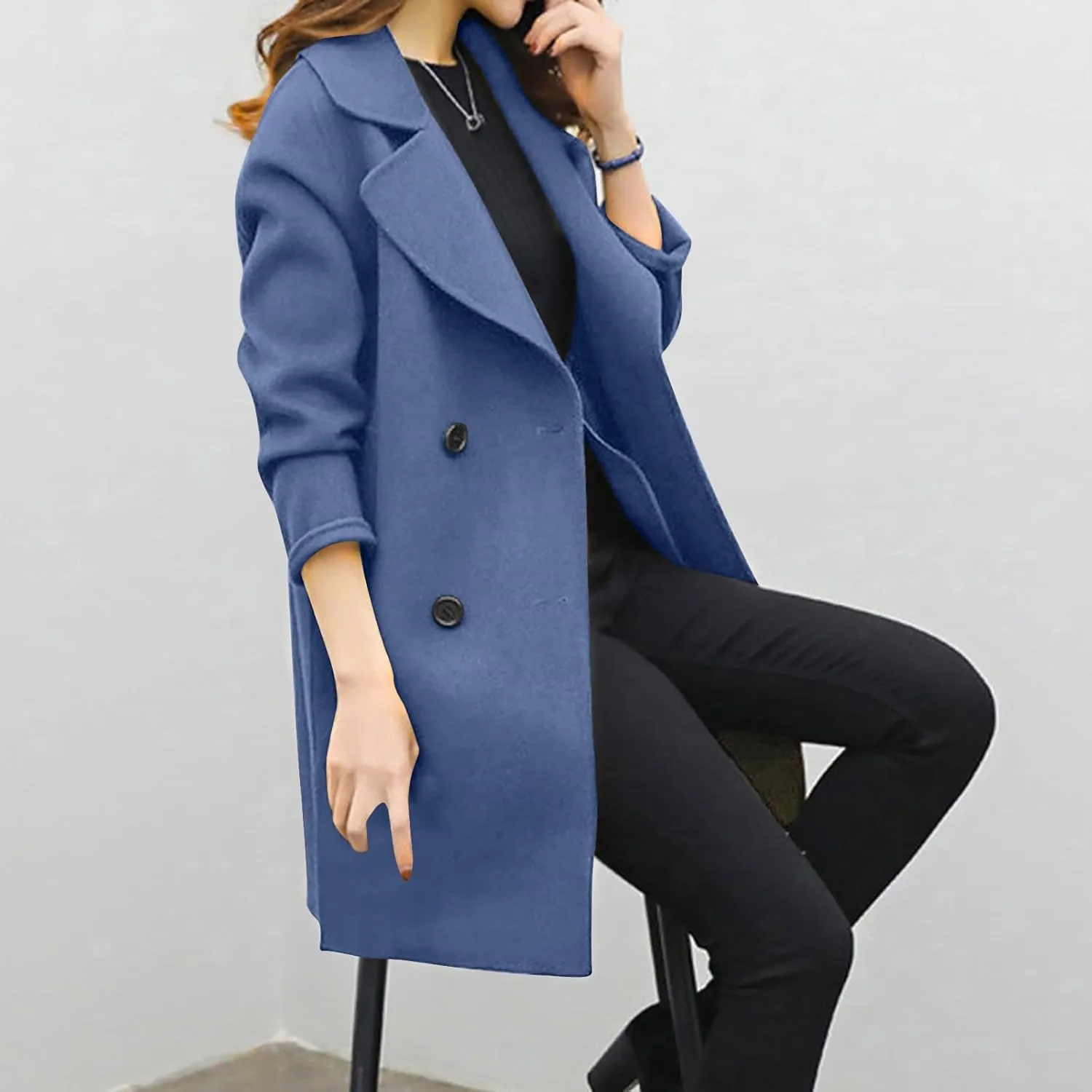 Trench Coat for Women Winter Wool Blend Pea Coats Mid Length Notched Collar Double Breasted Overcoat Jackets