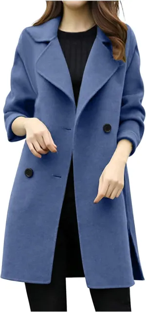 Trench Coat for Women Winter Wool Blend Pea Coats Mid Length Notched Collar Double Breasted Overcoat Jackets