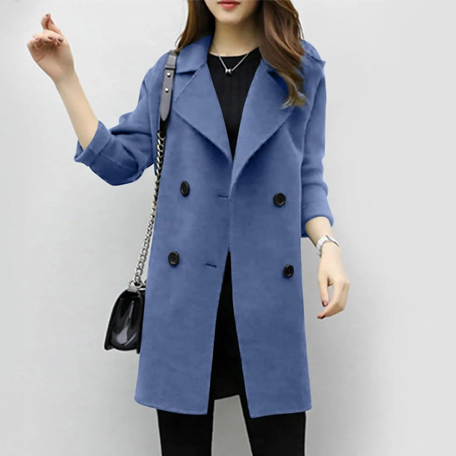Trench Coat for Women Winter Wool Blend Pea Coats Mid Length Notched Collar Double Breasted Overcoat Jackets