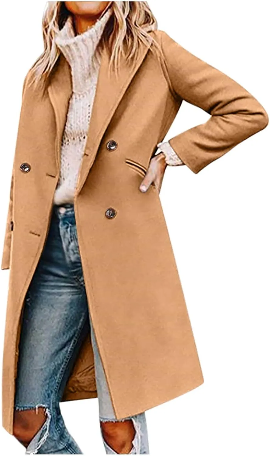 Trench Coat Women 2024 Winter Warm Wool Blend Pea Coat Casual Double Breasted Notched Lapel Overcoats Outwear